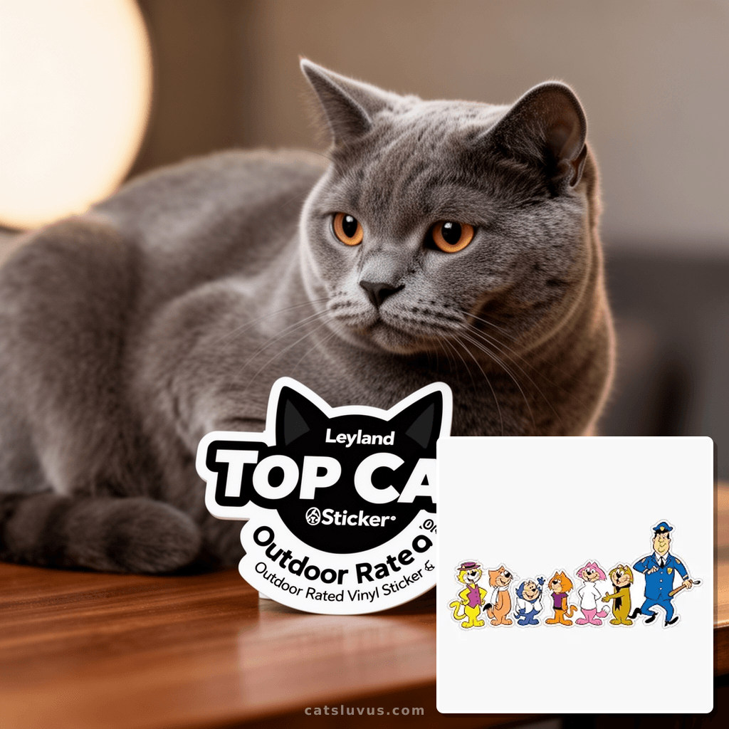 Leyland Designs Top Cat Sticker Outdoor Rated Vinyl Sticker  with cat - professional product lifestyle photo