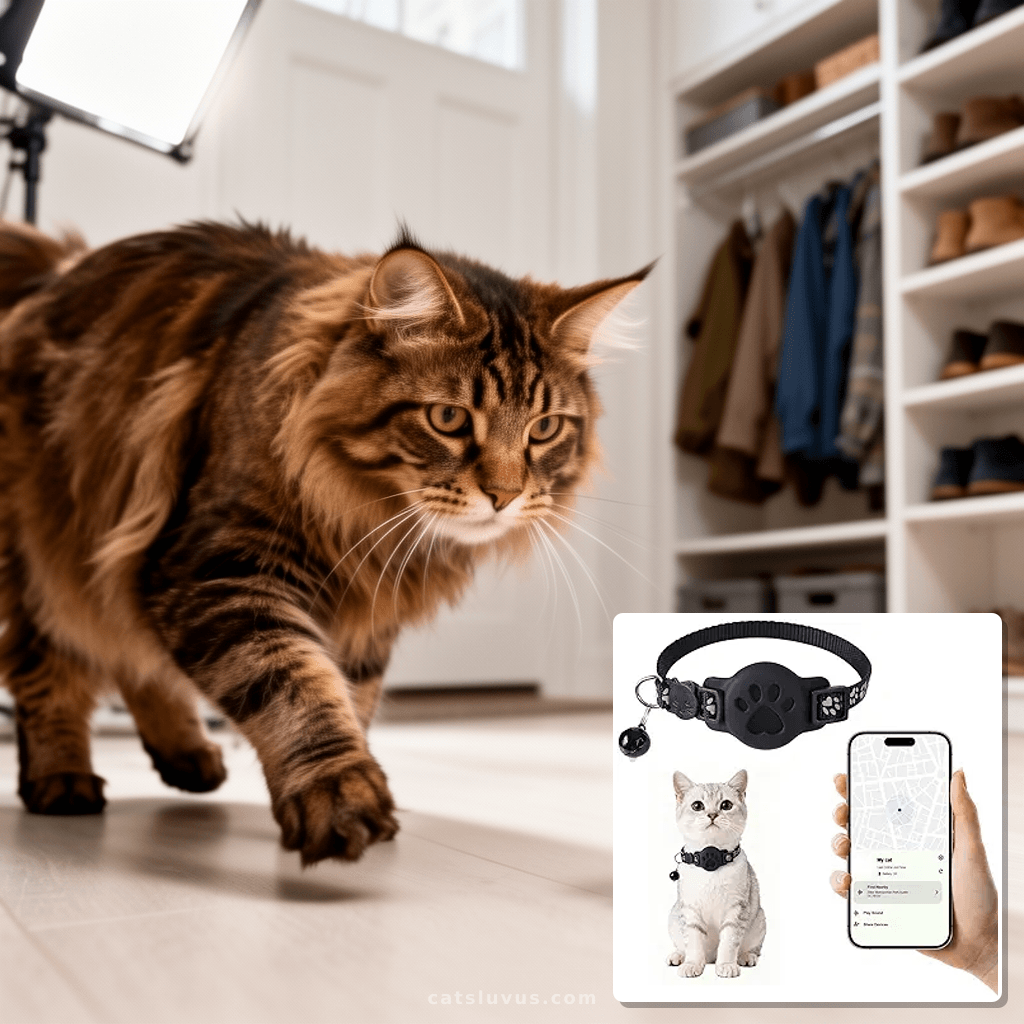 GPS Cat Collar with Bluetooth Tracker Holder - Breakaway Adj with cat - professional product lifestyle photo