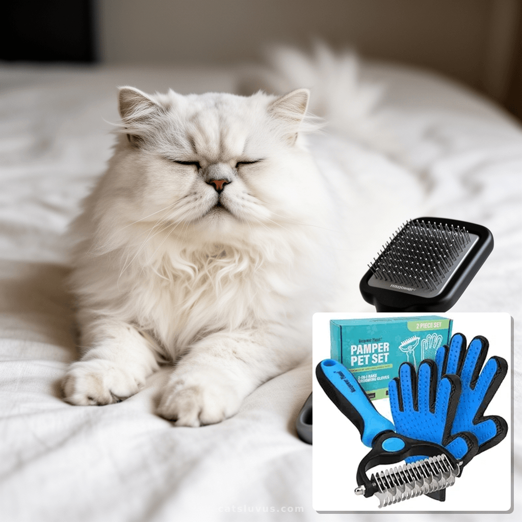 Maxpower Planet Pet Grooming Brush and 2X Grooming Gloves Co with cat - professional product lifestyle photo
