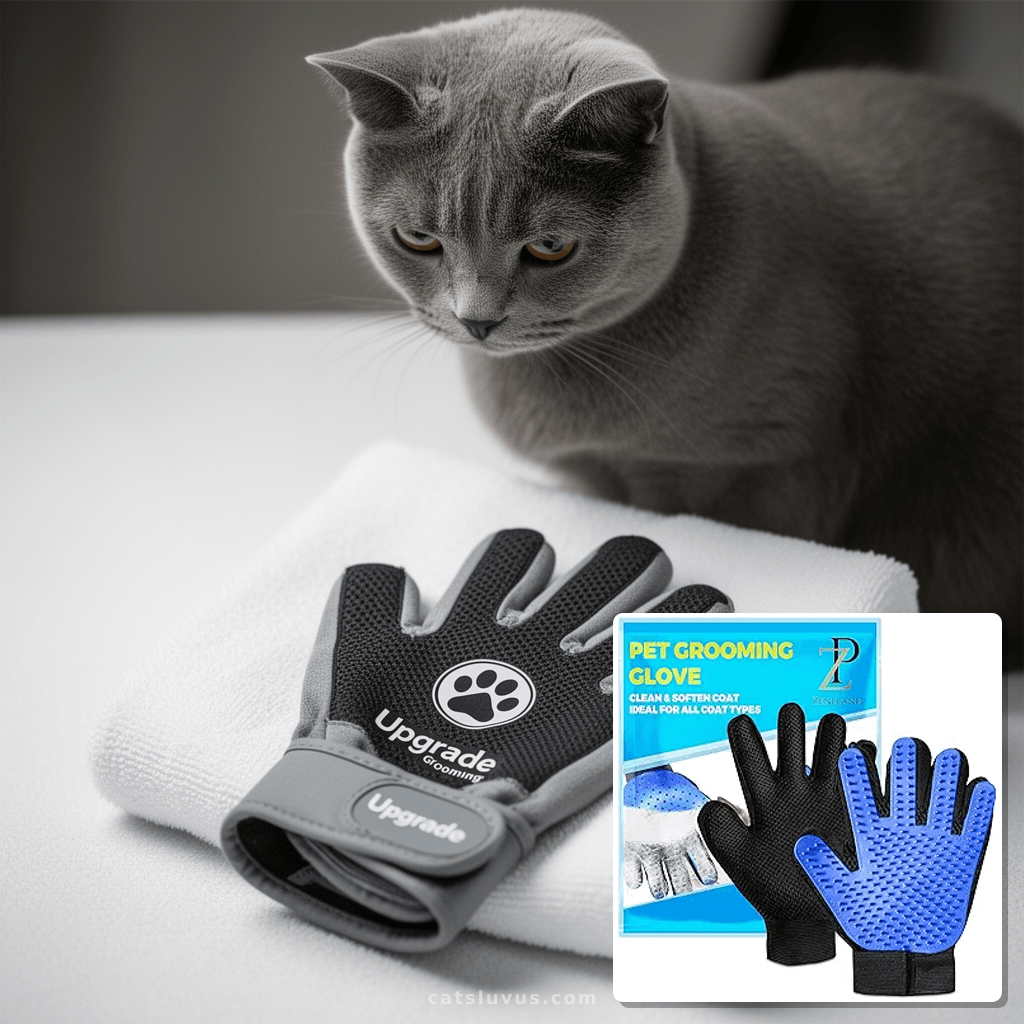 Upgrade Pet Grooming Gloves with cat - professional product lifestyle photo