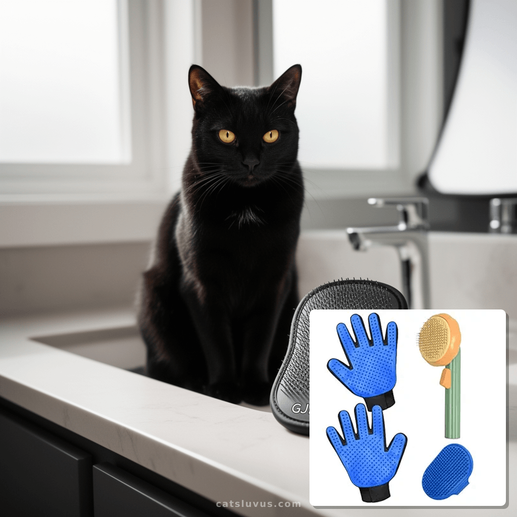 GJEASE Cat Grooming Glove Brush with cat - professional product lifestyle photo