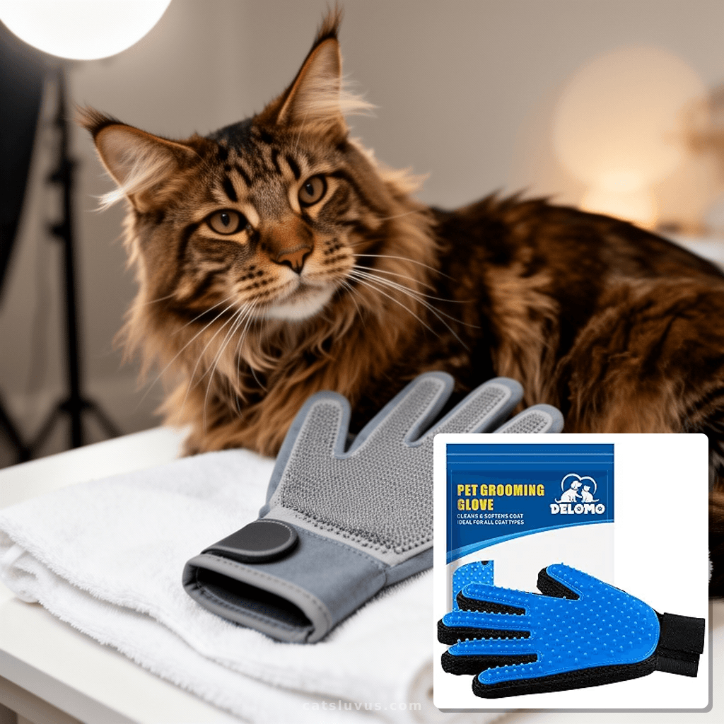 Pet Hair Remover Glove - Gentle Pet Grooming Glove Brush - D with cat - professional product lifestyle photo