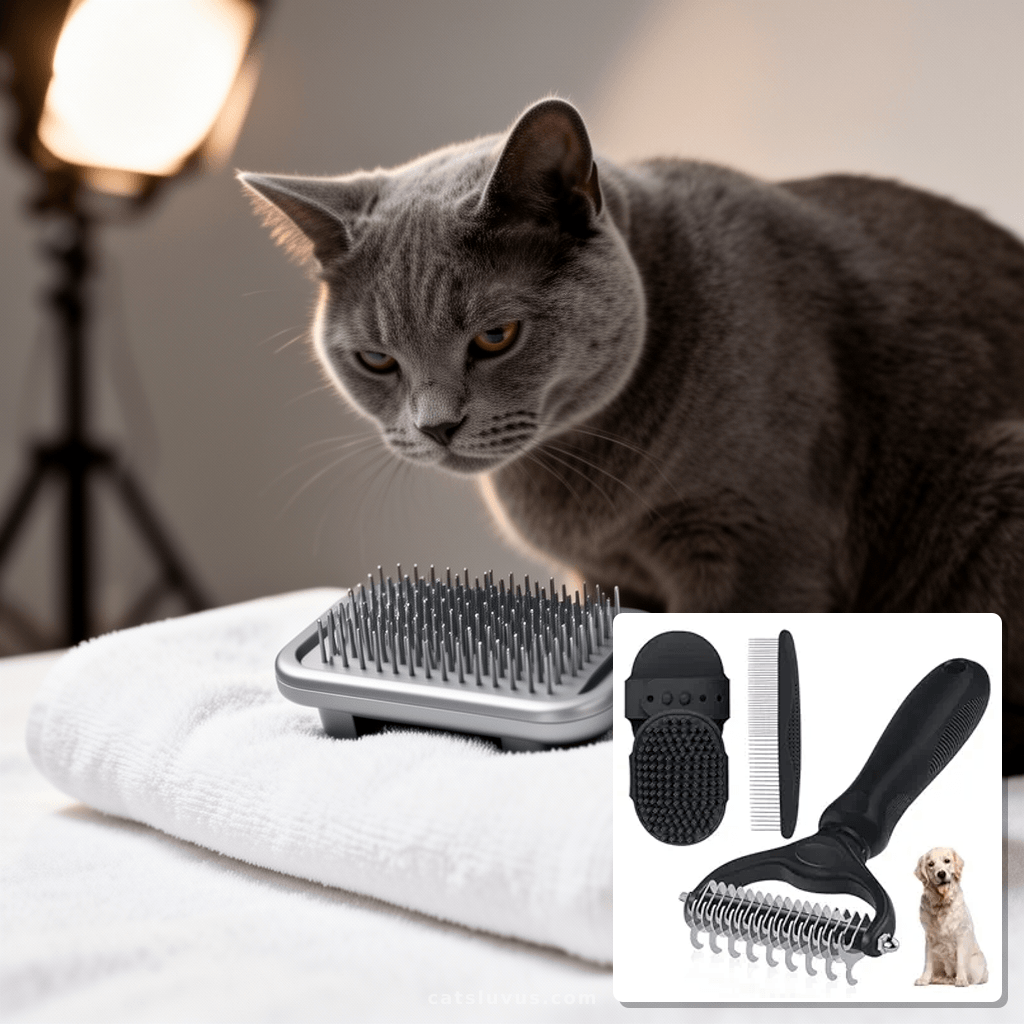 Double-Sided Pet Grooming Rake - 4-in-1 Professional Pet Gro with cat - professional product lifestyle photo