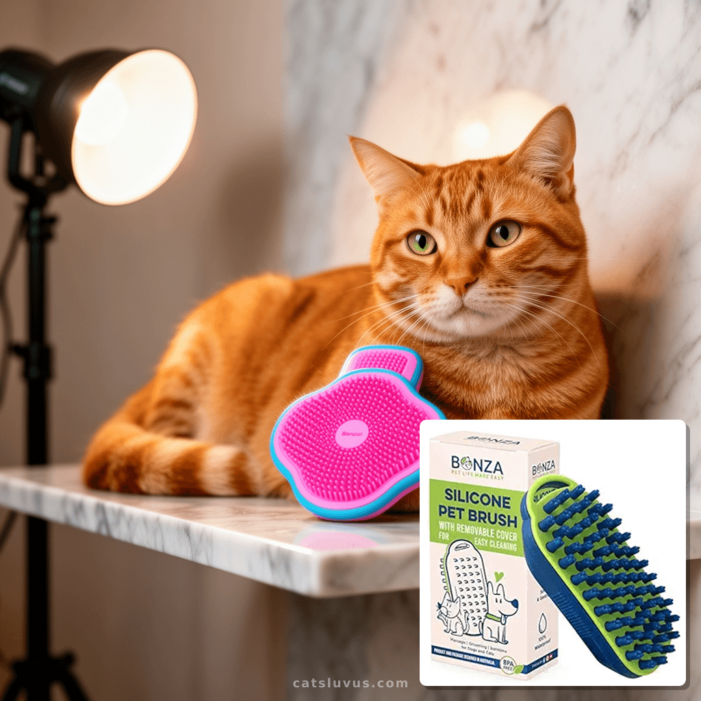 Bonza Silicone Dog Brush - Dog Brush for Shedding & Massage with cat - professional product lifestyle photo