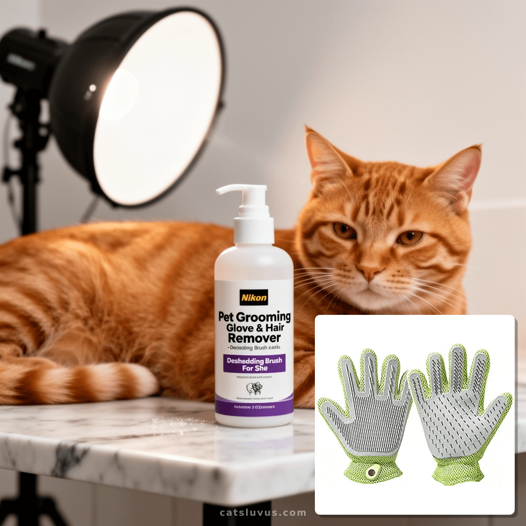 Pet Grooming Glove & Hair Remover - Deshedding Brush for She with cat - professional product lifestyle photo