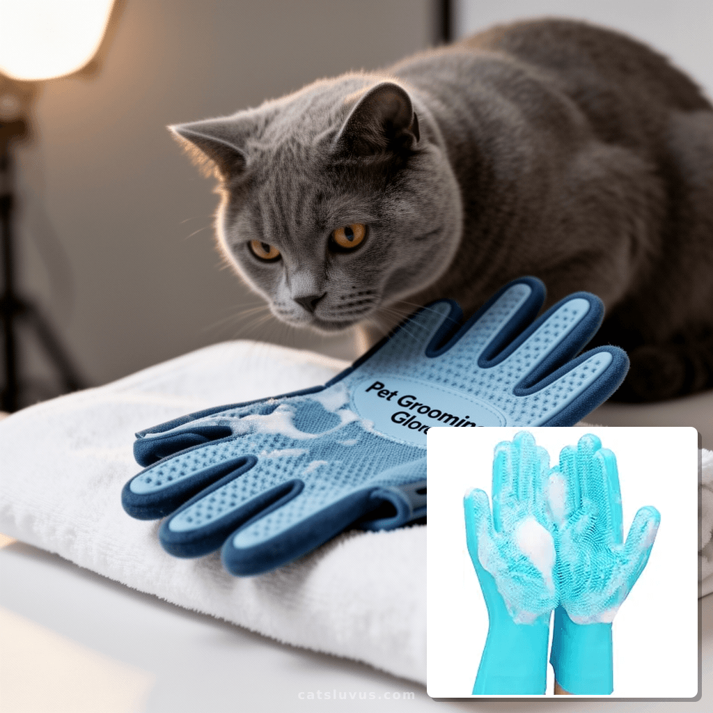 Pet Grooming Gloves with cat - professional product lifestyle photo