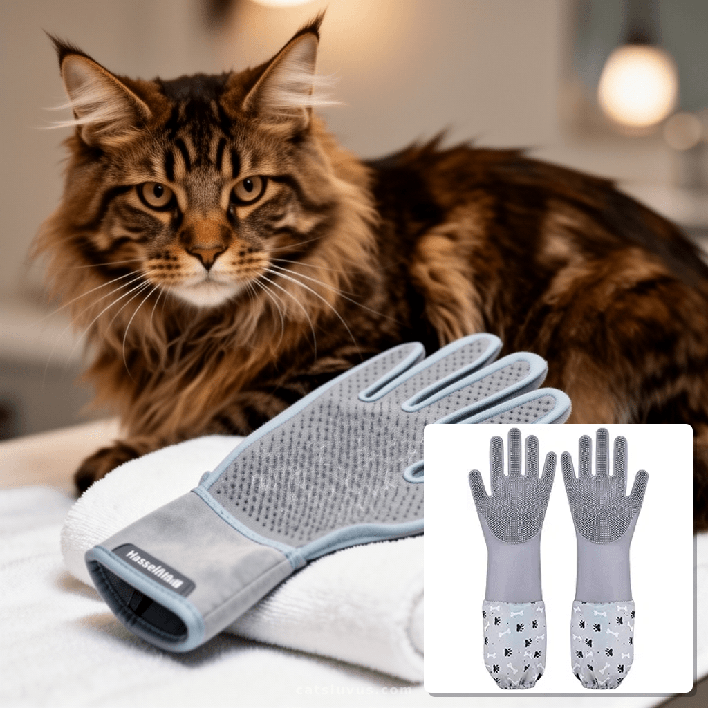 Pet Grooming Gloves Pet Hair Remover Cat with cat - professional product lifestyle photo