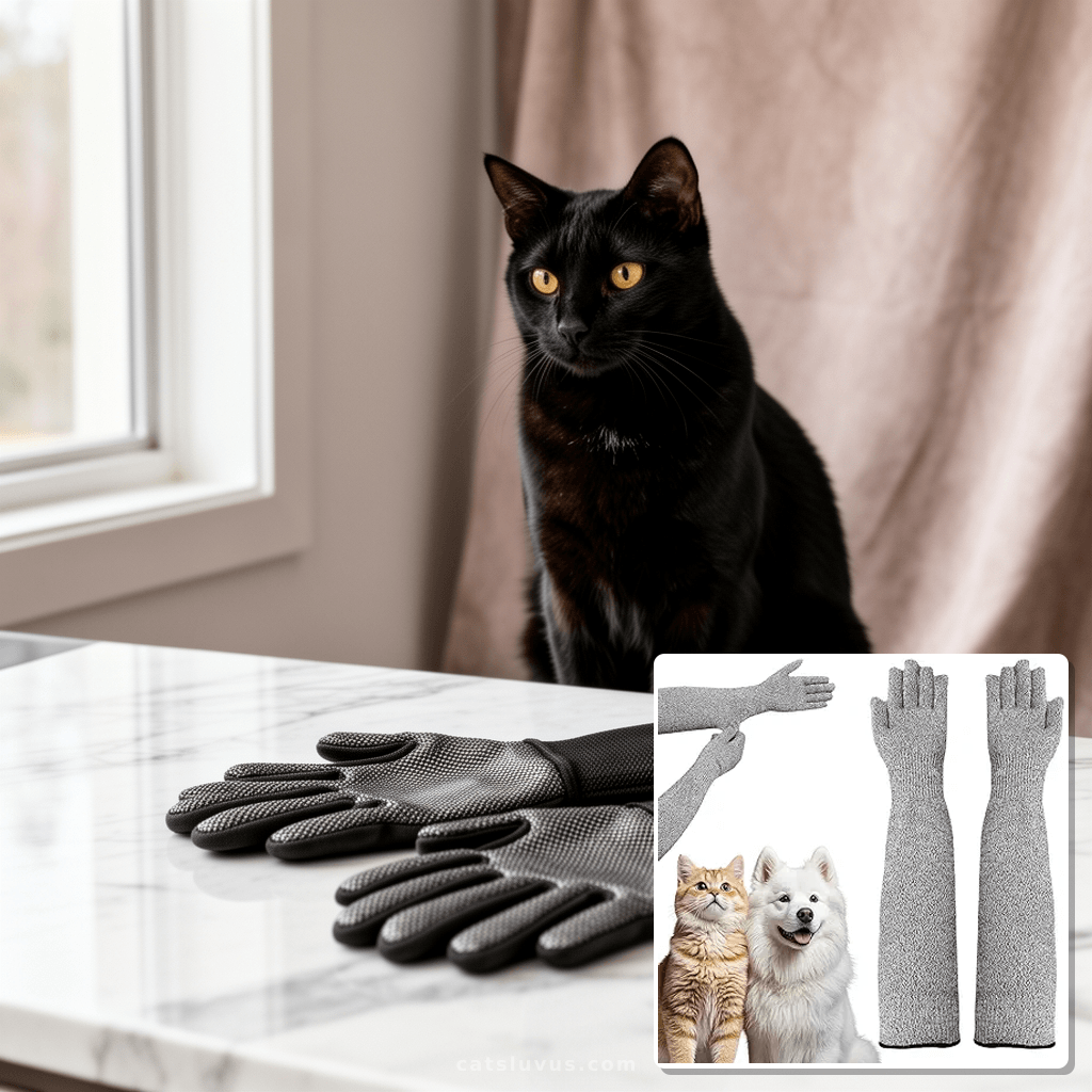 Pet Handling Gloves – 16" Extra-Long Kevlar Cat Grooming Arm with cat - professional product lifestyle photo