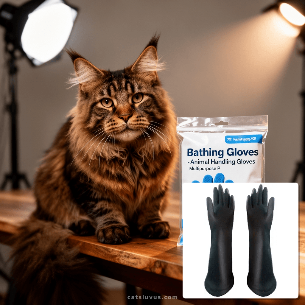 Cat Bathing Gloves - Animal Handling Gloves | Multipurpose P with cat - professional product lifestyle photo