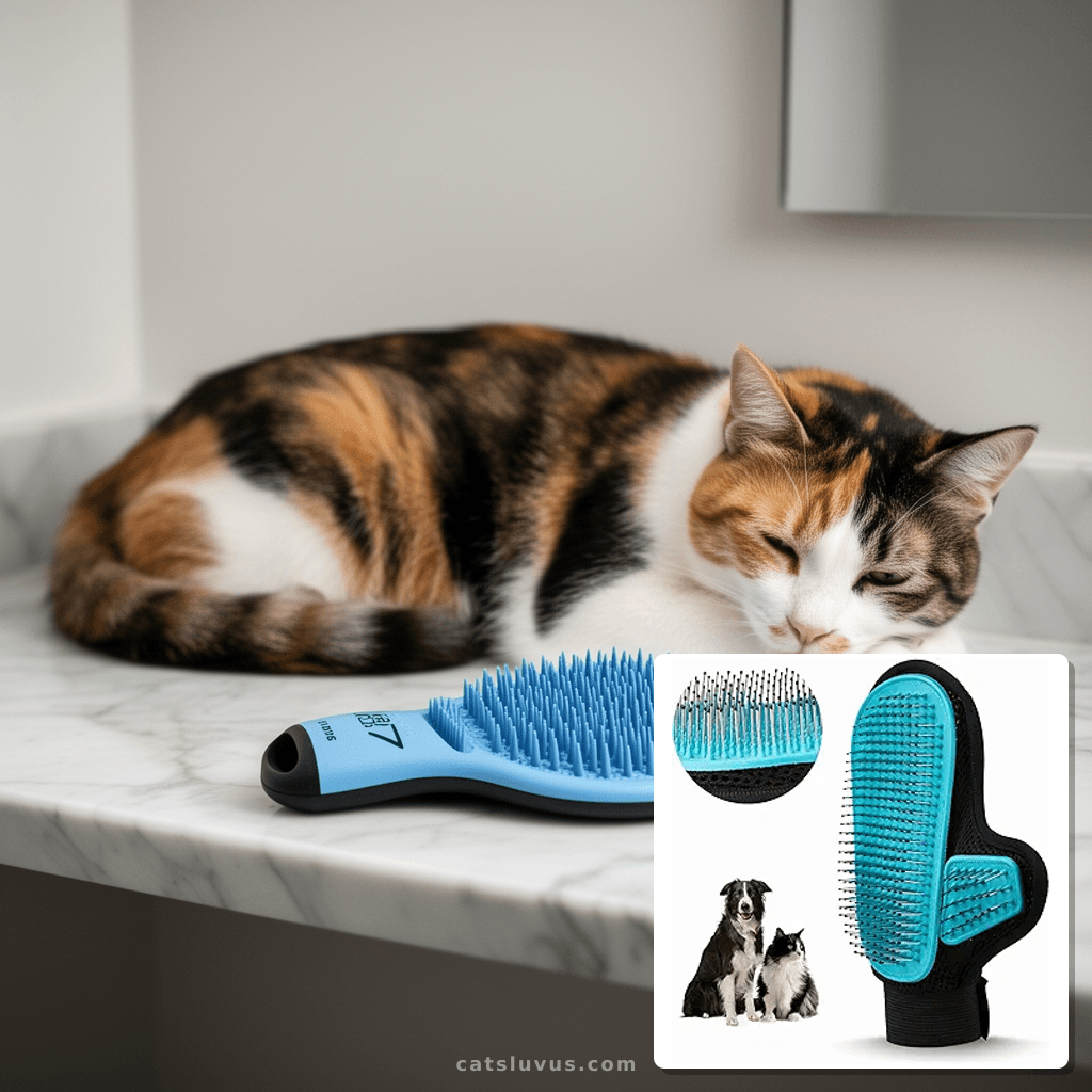 2025 Pet Grooming Glove with Tipped Pin Brush with cat - professional product lifestyle photo