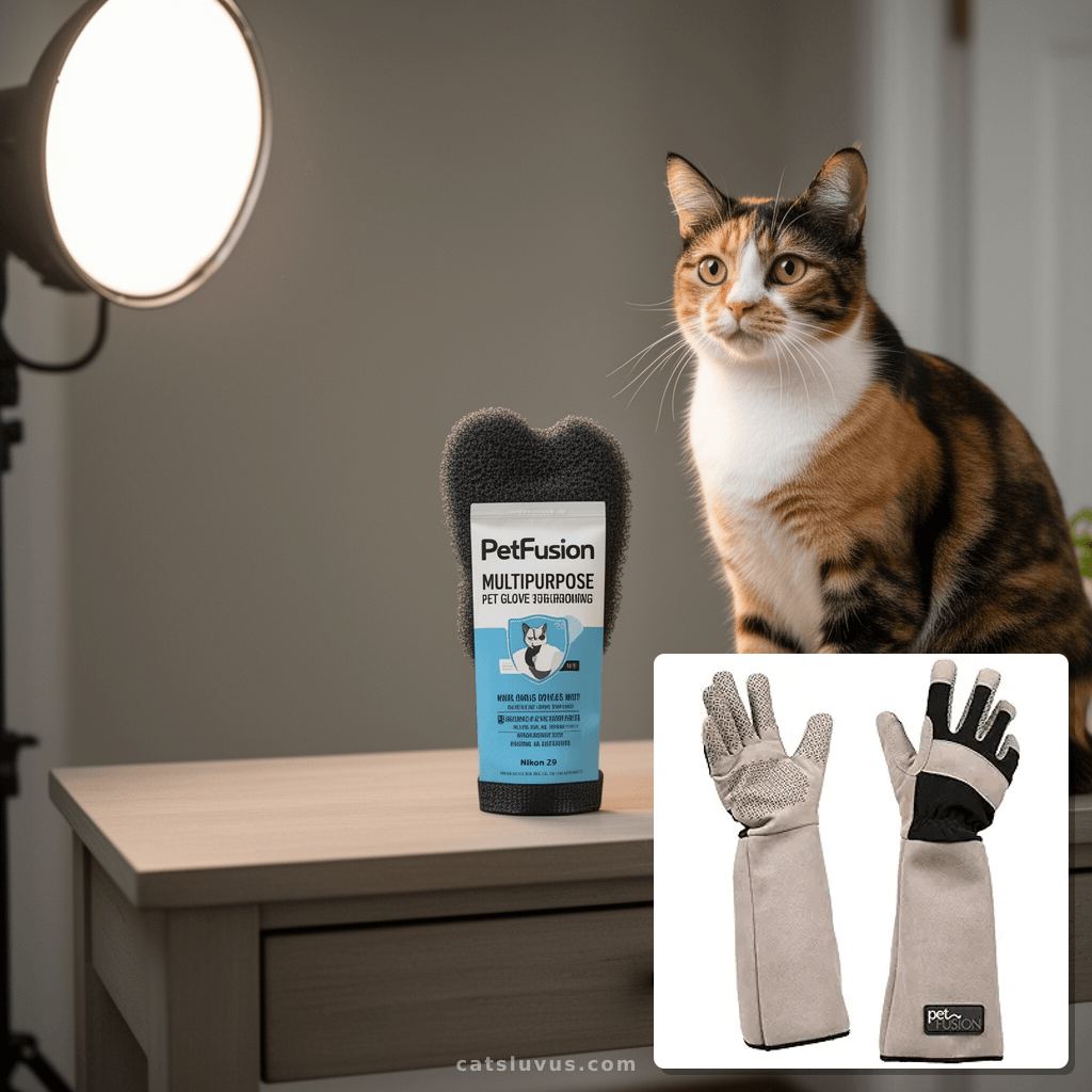 PetFusion Multipurpose Pet Glove for Grooming with cat - professional product lifestyle photo