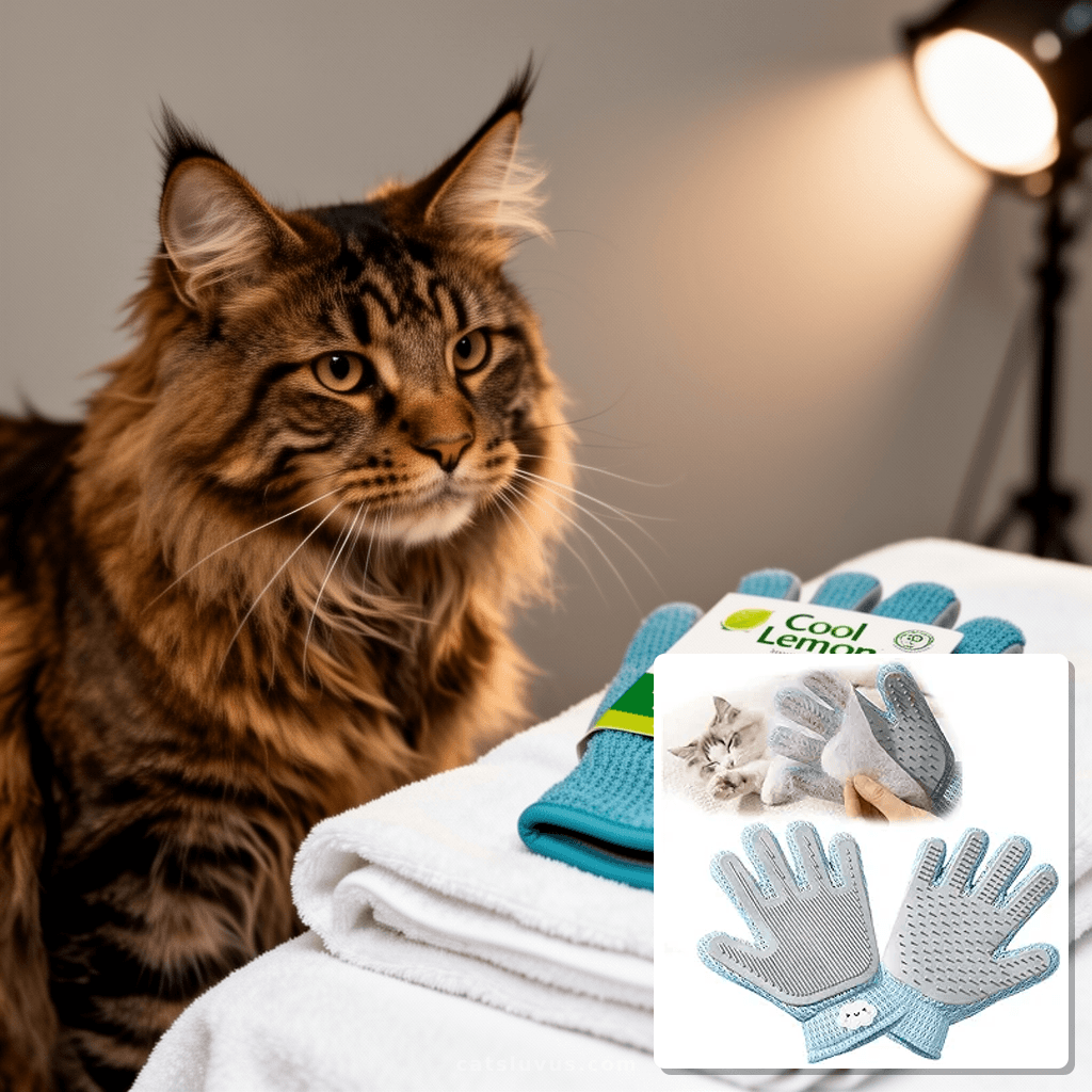 Cool Lemon 2 in 1 Pet Grooming Gloves for Dogs & Cats with cat - professional product lifestyle photo