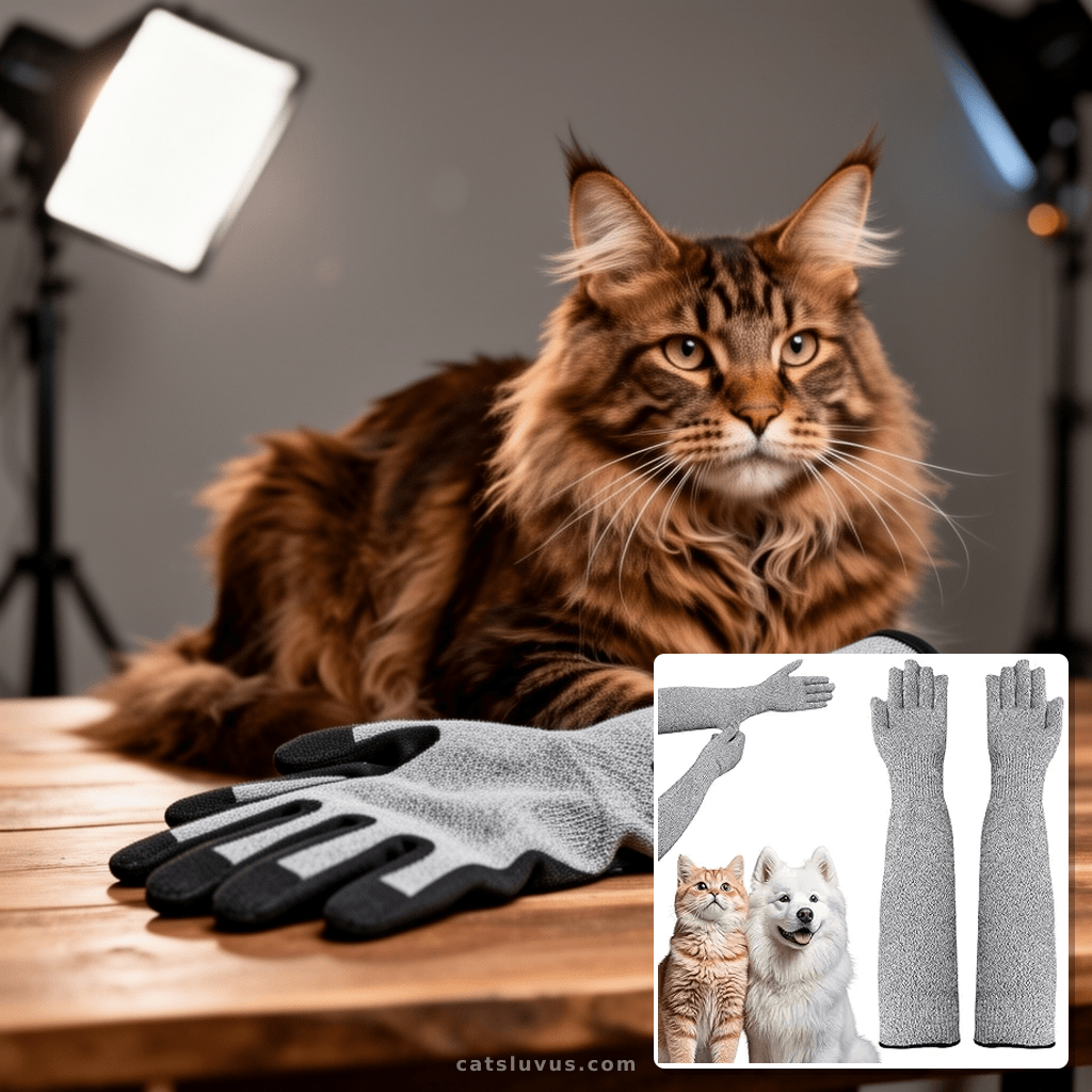 Pet Handling Gloves – 16" Extra-Long Kevlar Cat Grooming Arm with cat - professional product lifestyle photo