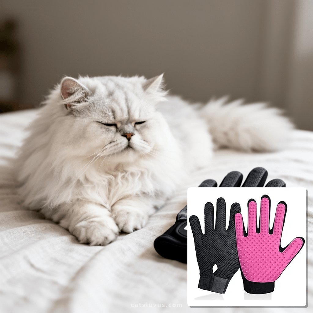 DELOMO Pet Grooming Gloves with cat - professional product lifestyle photo