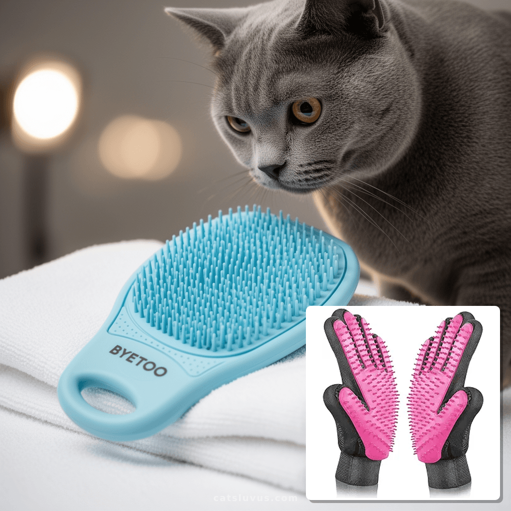 BYETOO Pet Dog Cat Grooming Glove with 261Tips with cat - professional product lifestyle photo