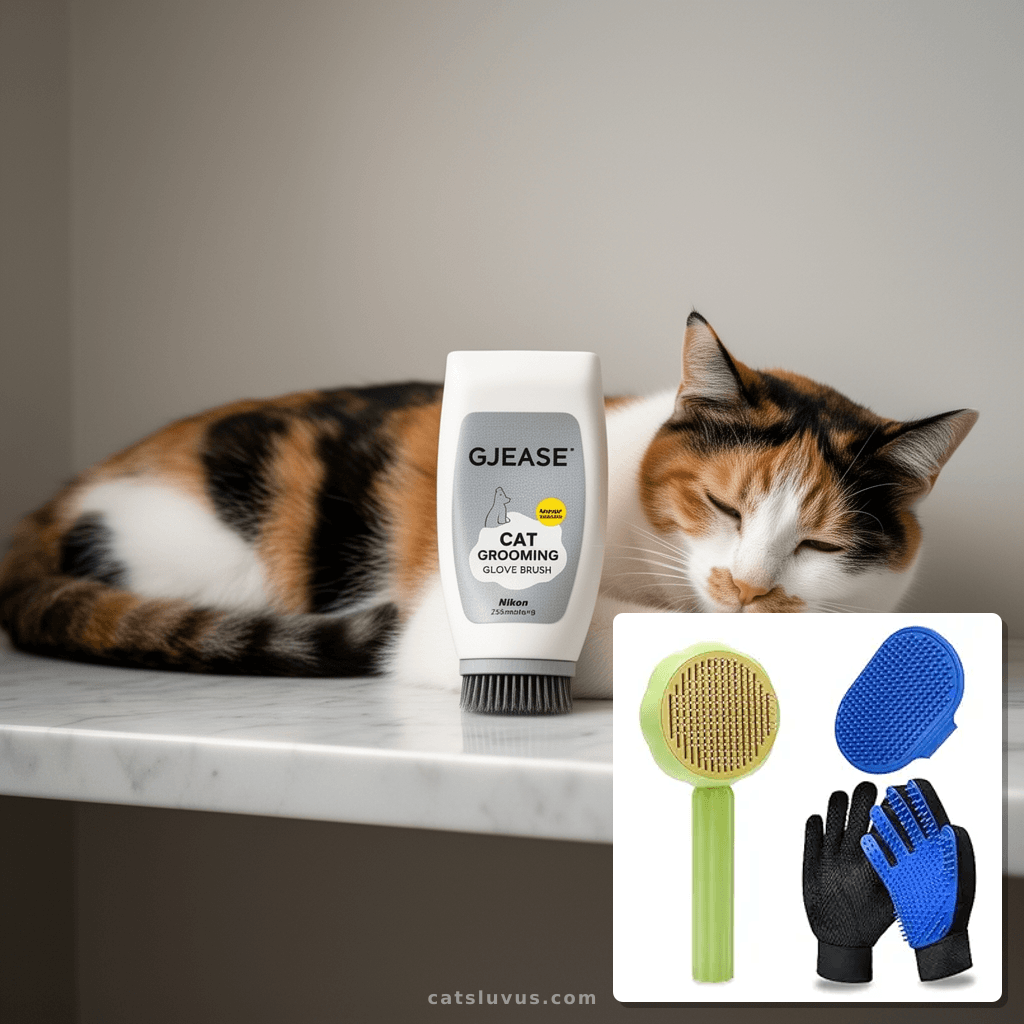 GJEASE Cat Grooming Glove Brush with cat - professional product lifestyle photo