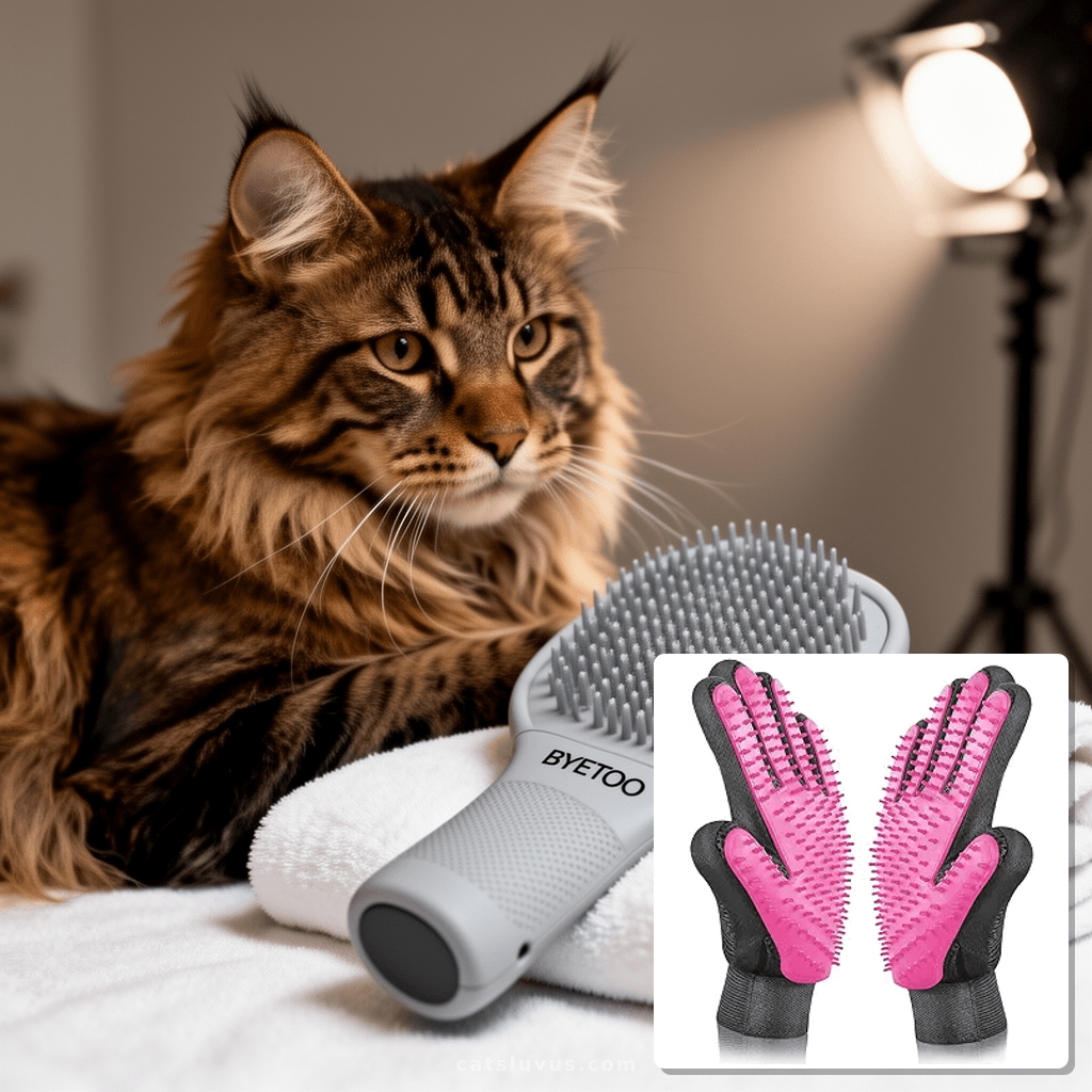 BYETOO Pet Dog Cat Grooming Glove with 261Tips with cat - professional product lifestyle photo