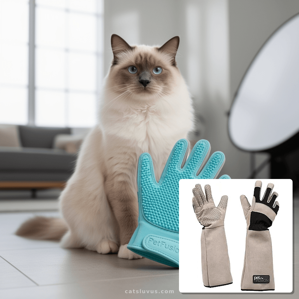 Pet Hair Remover Glove - Gentle Pet Grooming Glove Brush - D with cat - professional product lifestyle photo