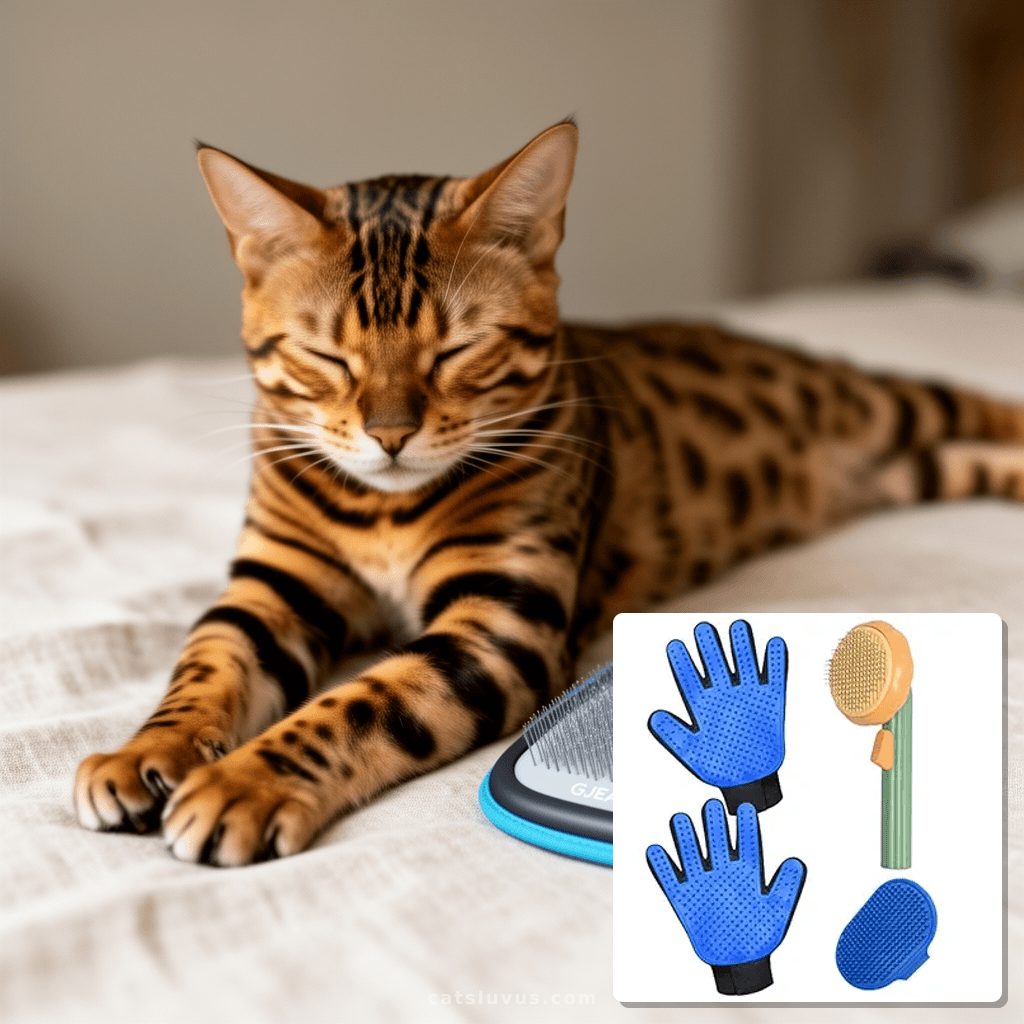 GJEASE Cat Grooming Glove Brush with cat - professional product lifestyle photo