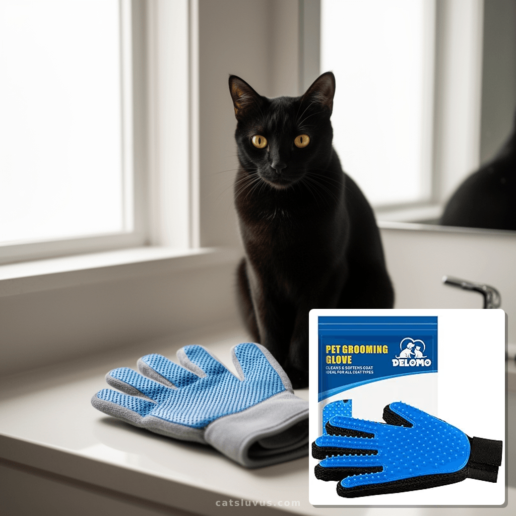 Pet Hair Remover Glove - Gentle Pet Grooming Glove Brush - with cat - professional product lifestyle photo