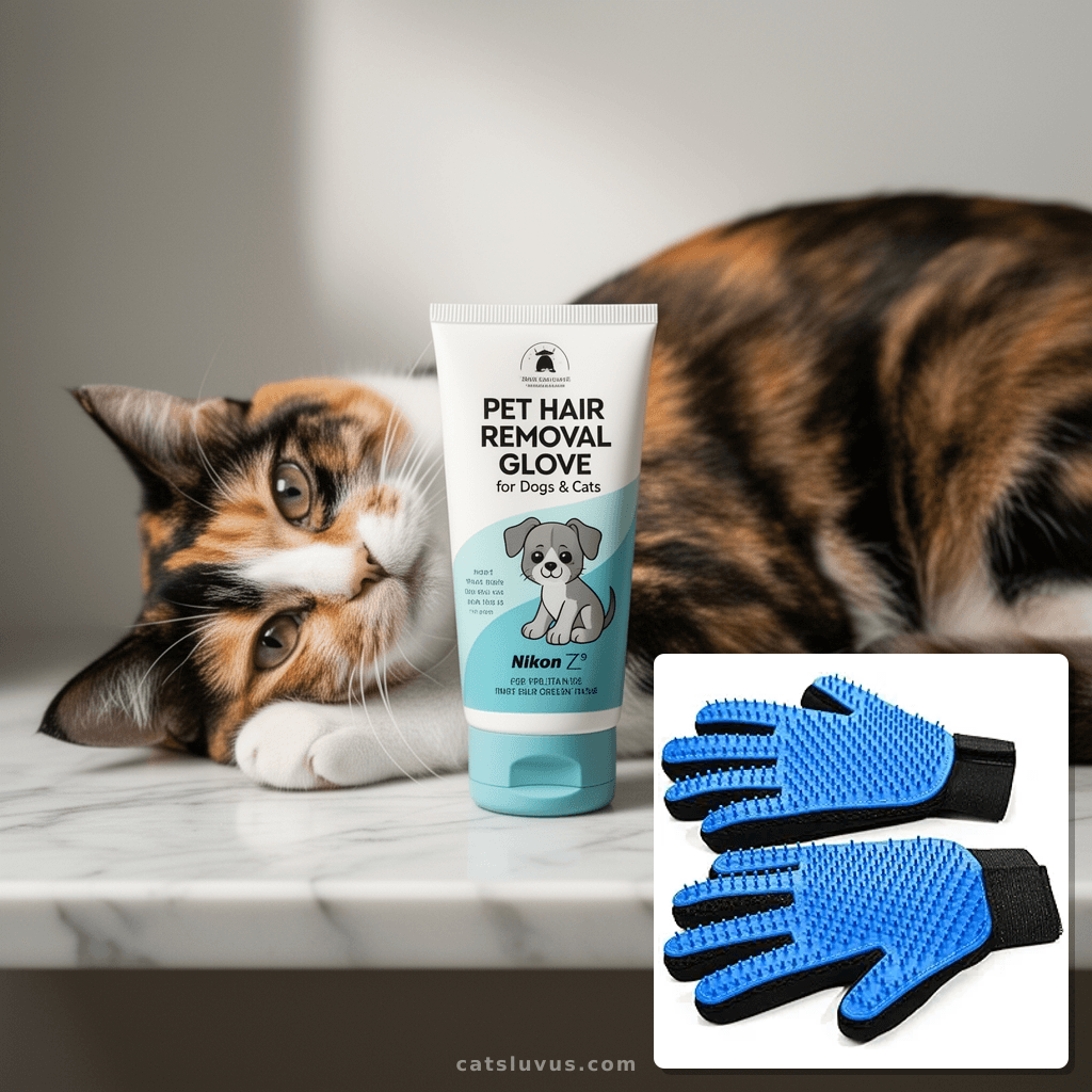 Pet Hair Removal Glove for Dogs & Cats with cat - professional product lifestyle photo
