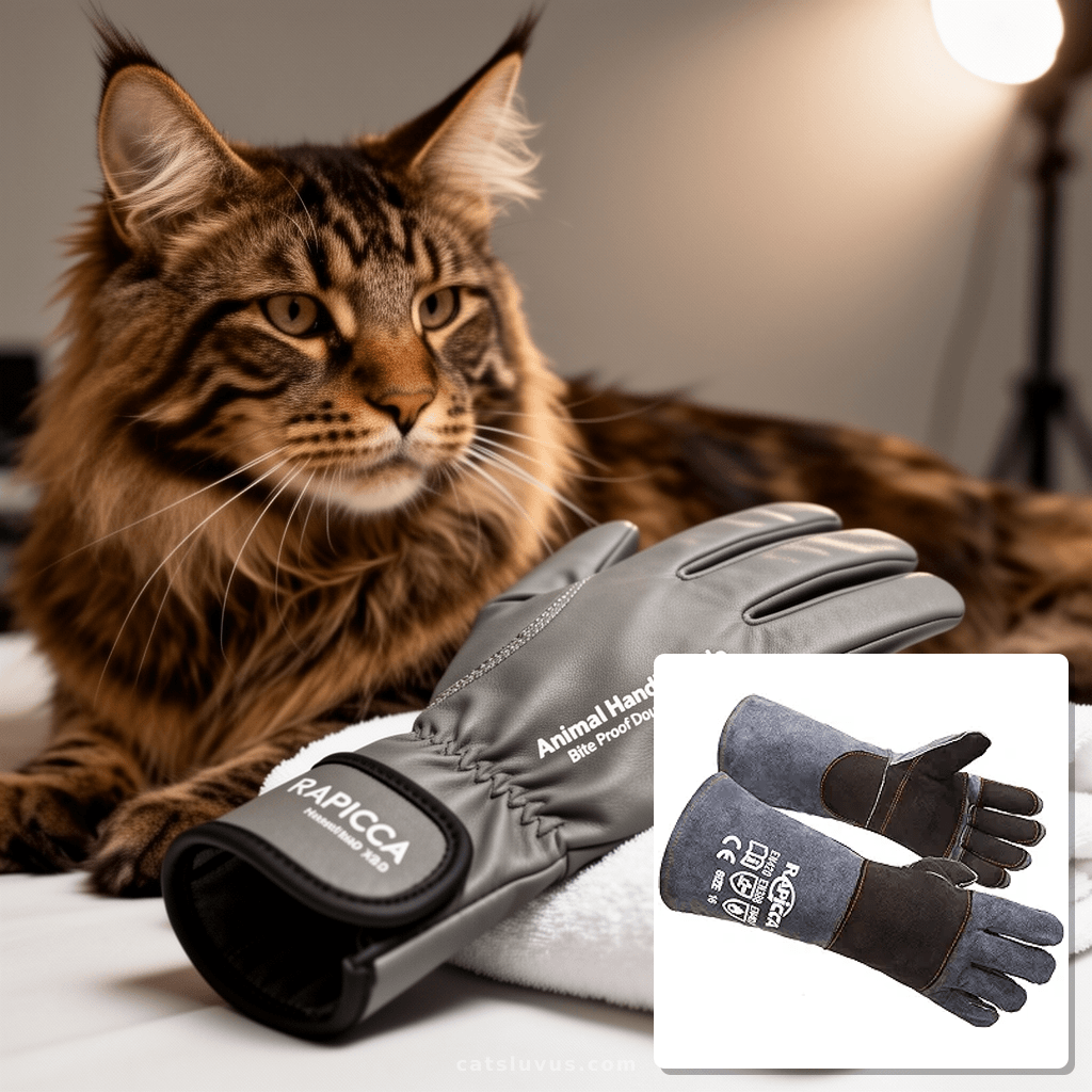 RAPICCA Animal Handling Gloves Bite Proof Double Leather with cat - professional product lifestyle photo