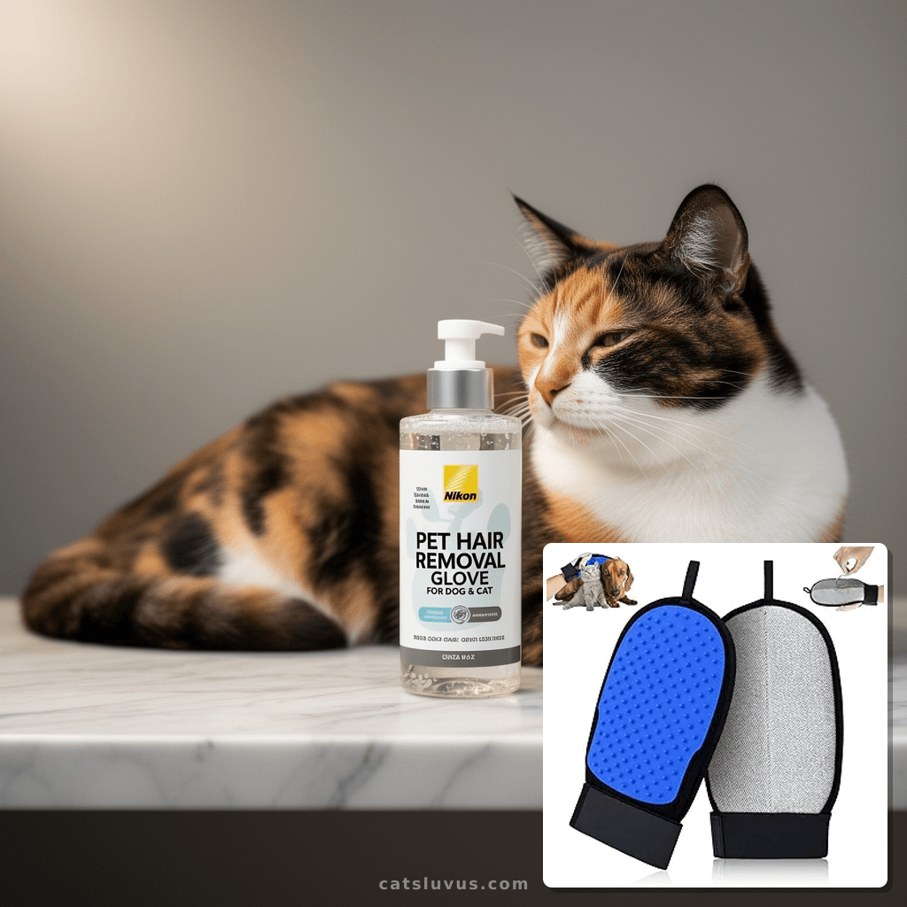 Pet Hair Removal Glove for Dog & Cat with cat - professional product lifestyle photo