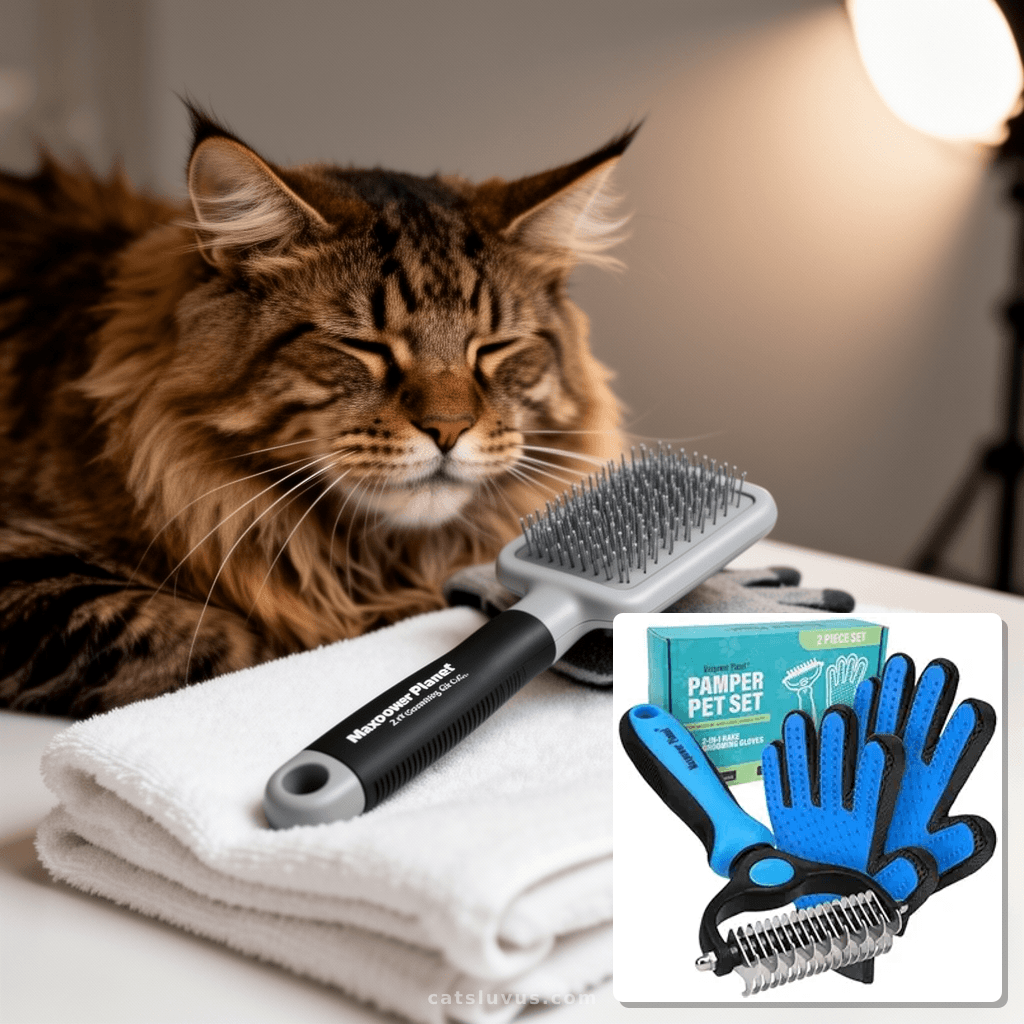 Maxpower Planet Pet Grooming Brush and 2X Grooming Gloves Co with cat - professional product lifestyle photo