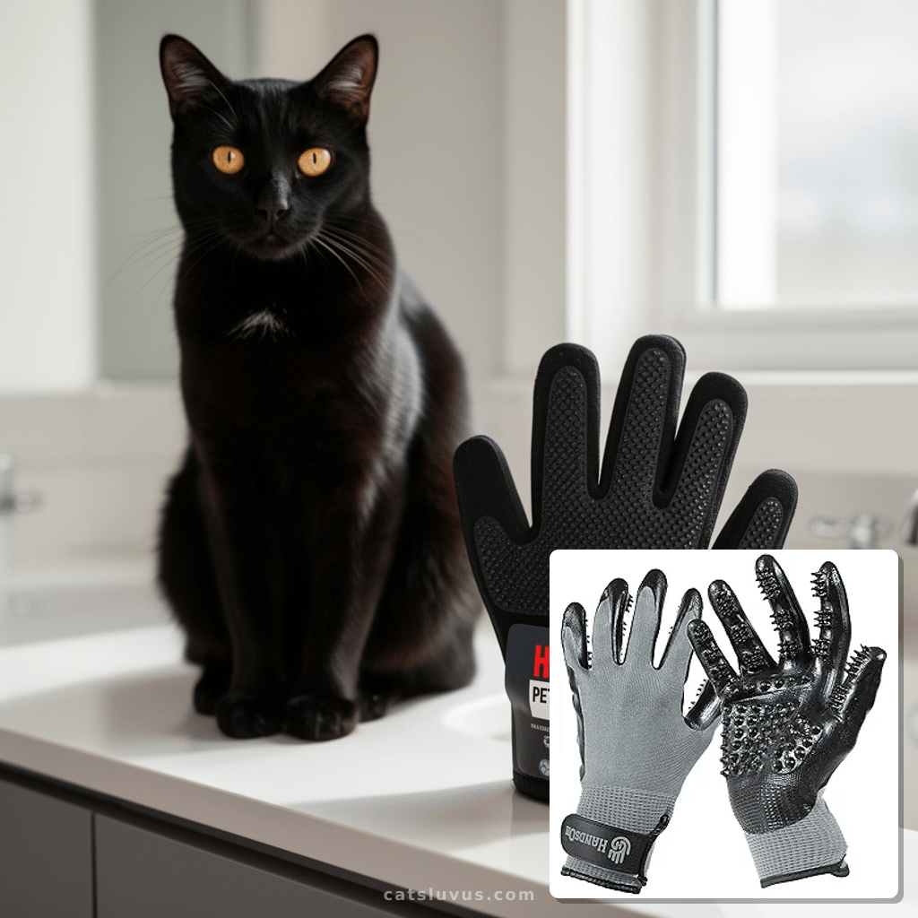 H HANDSON Pet Grooming Gloves - Patented #1 Ranked with cat - professional product lifestyle photo