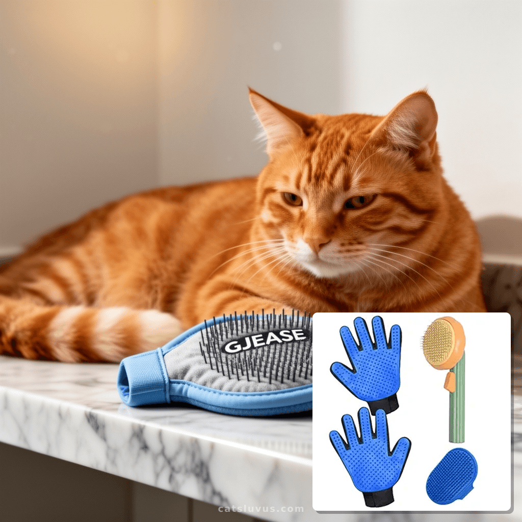 GJEASE Cat Grooming Glove Brush with cat - professional product lifestyle photo