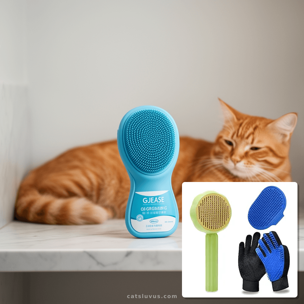 GJEASE Cat Grooming Glove Brush with cat - professional product lifestyle photo