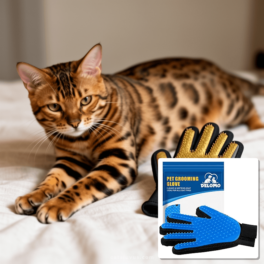 Pet Hair Remover Glove - Gentle Pet Grooming Glove Brush - with cat - professional product lifestyle photo