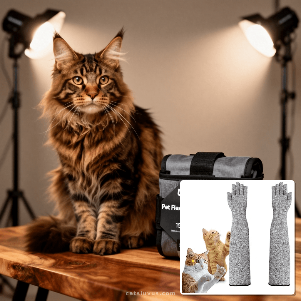 Ultra-Flexible Pet Handling Sleeves: 15.7” Kevlar Scratch- with cat - professional product lifestyle photo