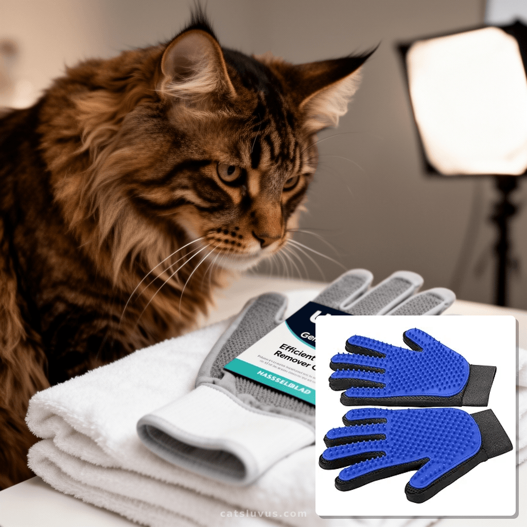 Upgrade Efficient Pet Hair Remover Gloves - Gentle Shedding  with cat - professional product lifestyle photo