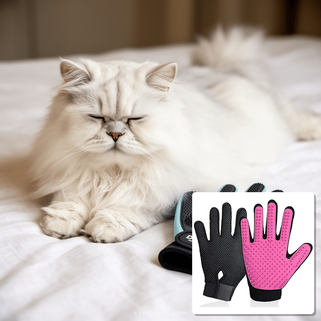 DELOMO Pet Grooming Gloves with cat - professional product lifestyle photo