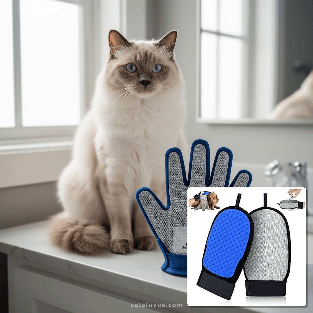 Pet Hair Removal Glove for Dog & Cat with cat - professional product lifestyle photo