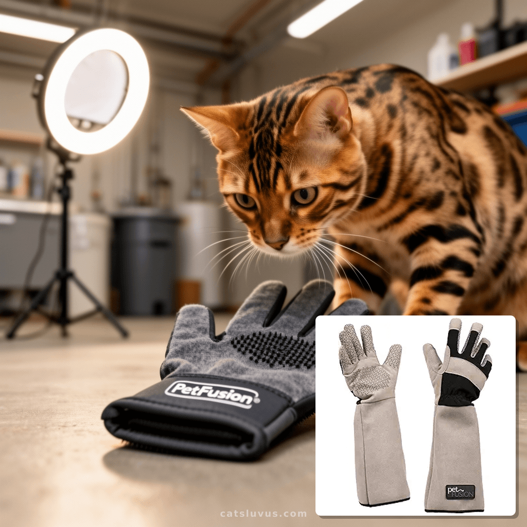 PetFusion Multipurpose Pet Glove for Grooming with cat - professional product lifestyle photo