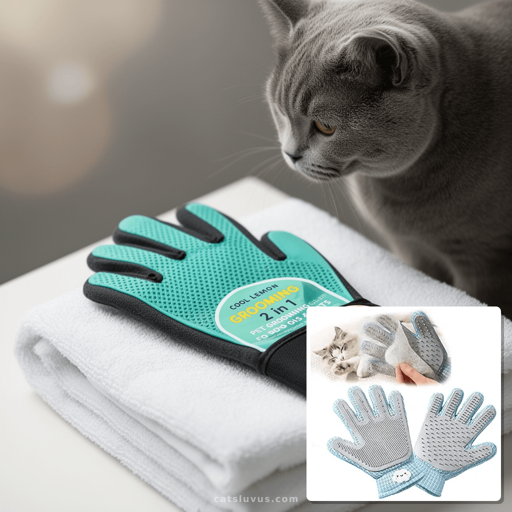 Cool Lemon 2 in 1 Pet Grooming Gloves for Dogs & Cats with cat - professional product lifestyle photo