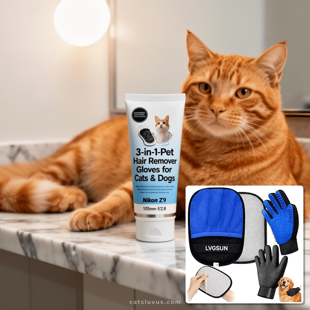 3-in-1-Pet Hair Remover Gloves for Cats & Dogs with cat - professional product lifestyle photo
