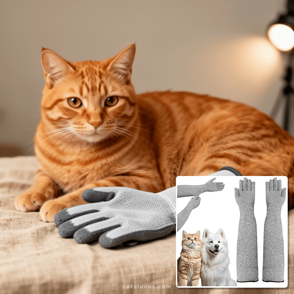 Pet Handling Gloves – 16" Extra-Long Kevlar Cat Grooming Arm with cat - professional product lifestyle photo