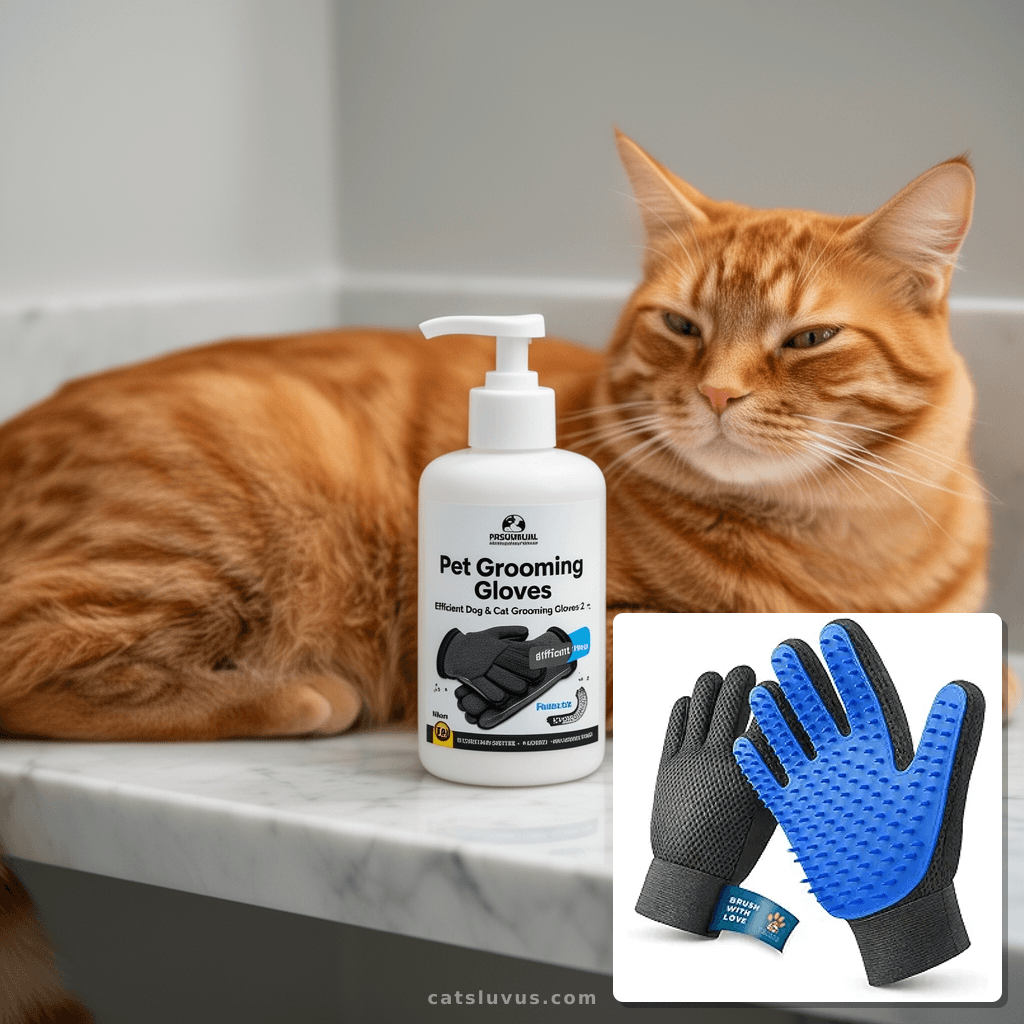 Pet Grooming Gloves – Efficient Dog & Cat Grooming Gloves 2- with cat - professional product lifestyle photo