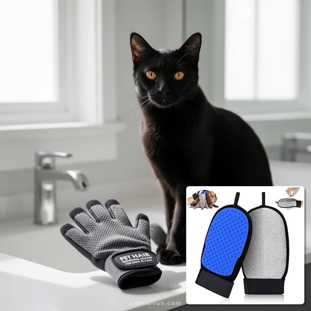 Pet Hair Removal Glove for Dog & Cat with cat - professional product lifestyle photo