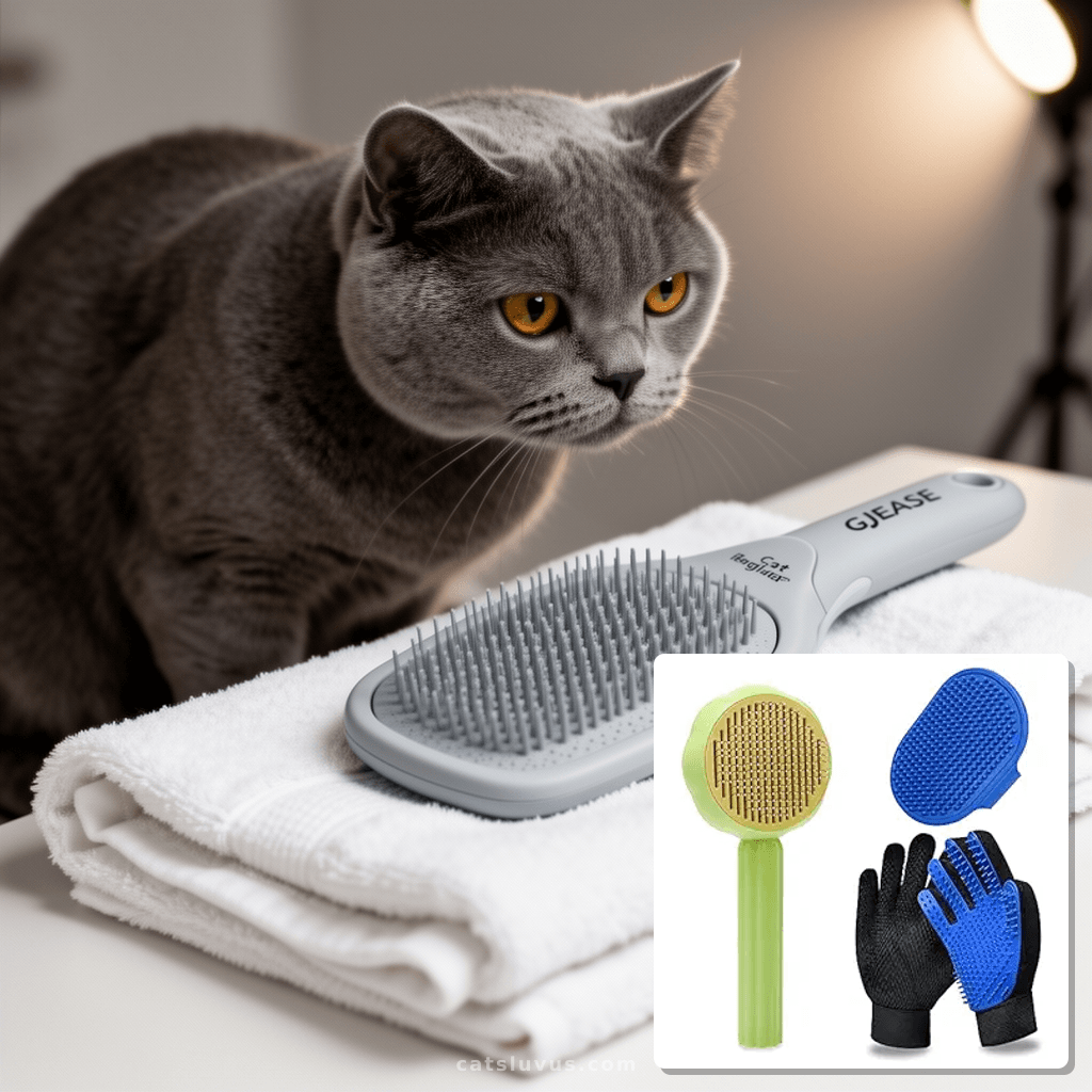 GJEASE Cat Grooming Glove Brush with cat - professional product lifestyle photo