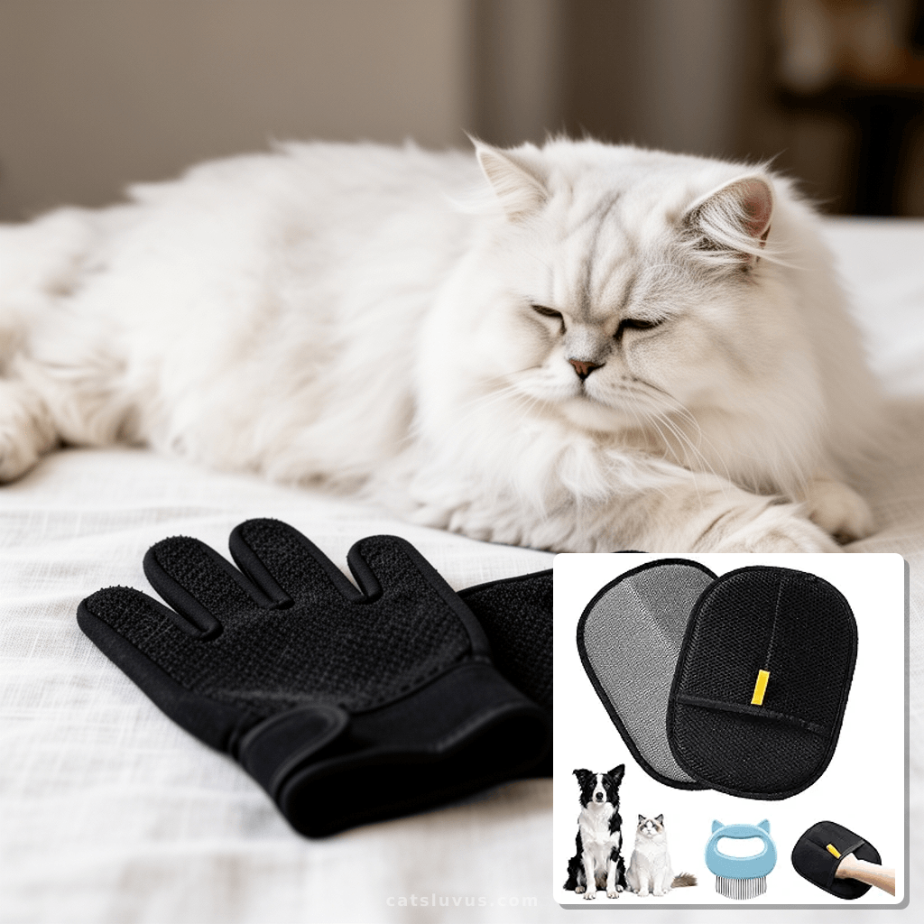2 Pcs Black Double Sided Pet Hair Removal Gloves with cat - professional product lifestyle photo