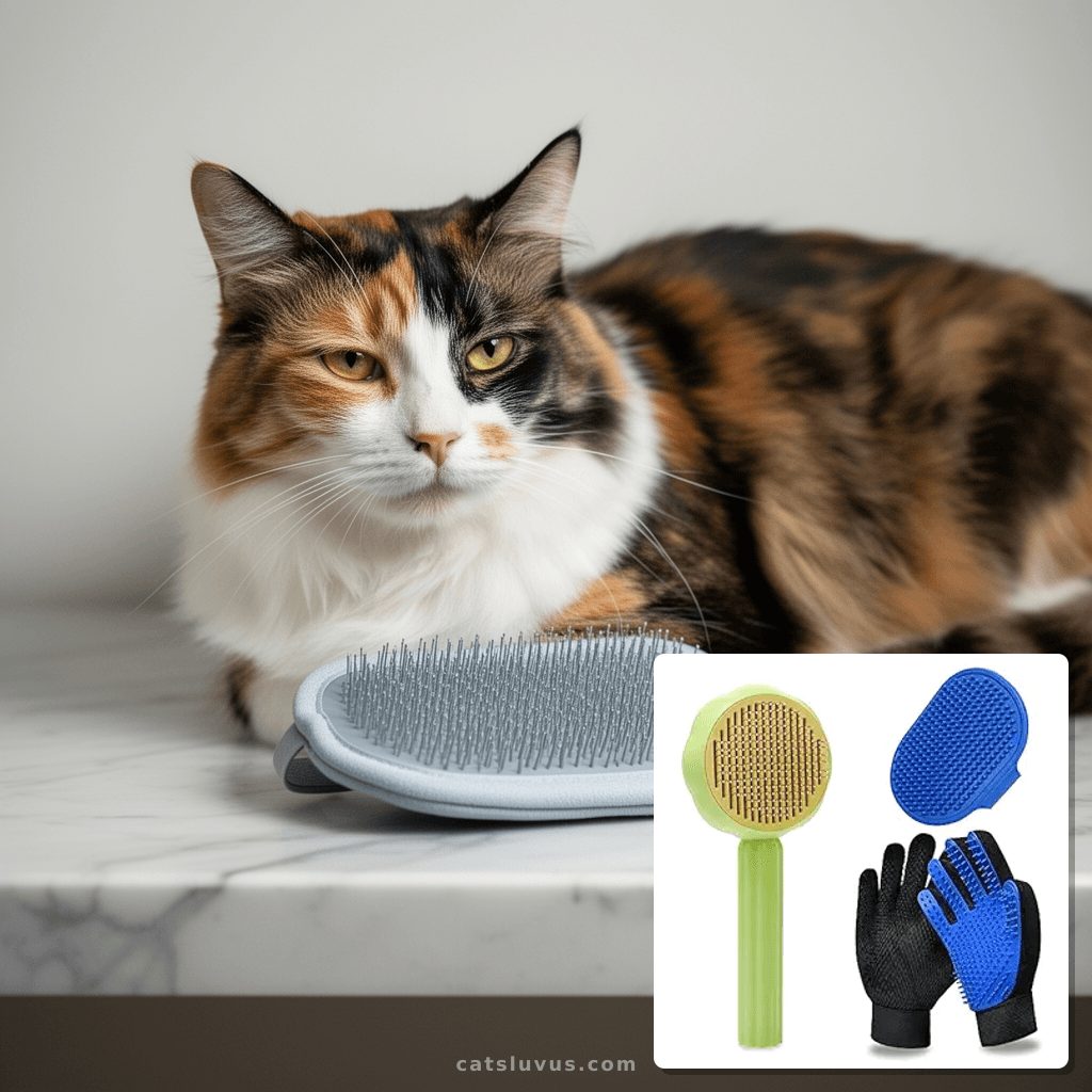 GJEASE Cat Grooming Glove Brush with cat - professional product lifestyle photo