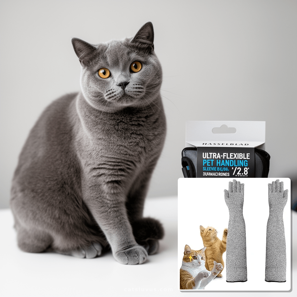 Ultra-Flexible Pet Handling Sleeves: 15.7” Kevlar Scratch-Re with cat - professional product lifestyle photo