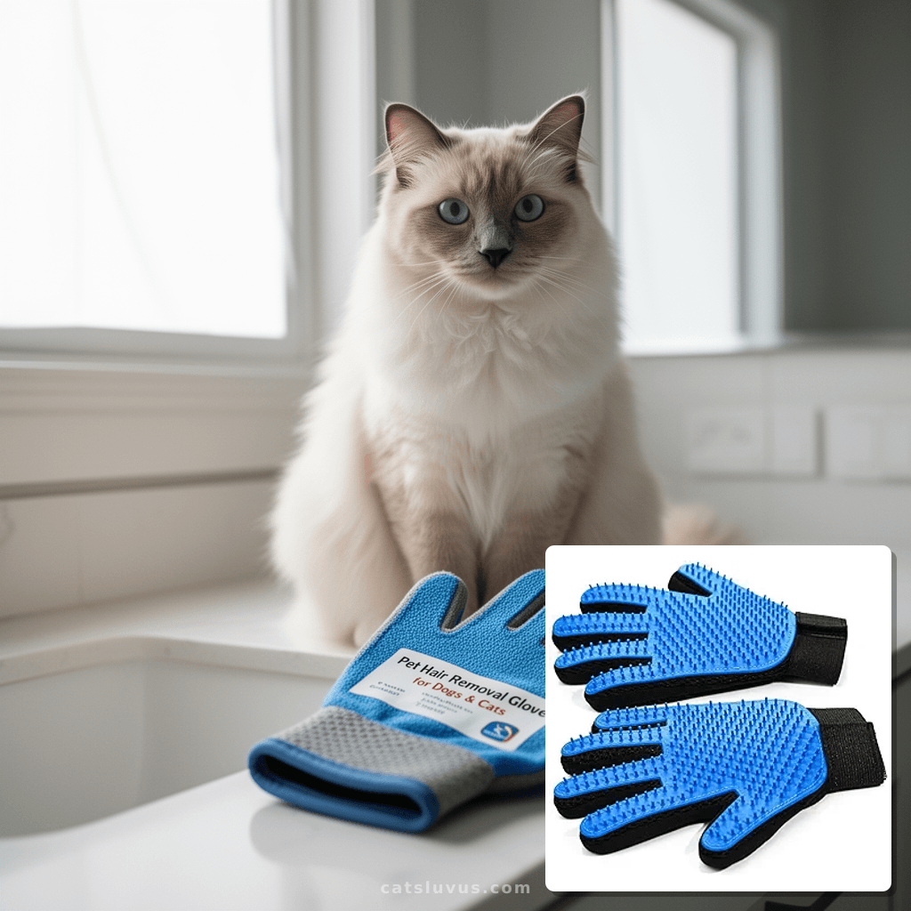 Pet Hair Removal Glove for Dogs & Cats with cat - professional product lifestyle photo
