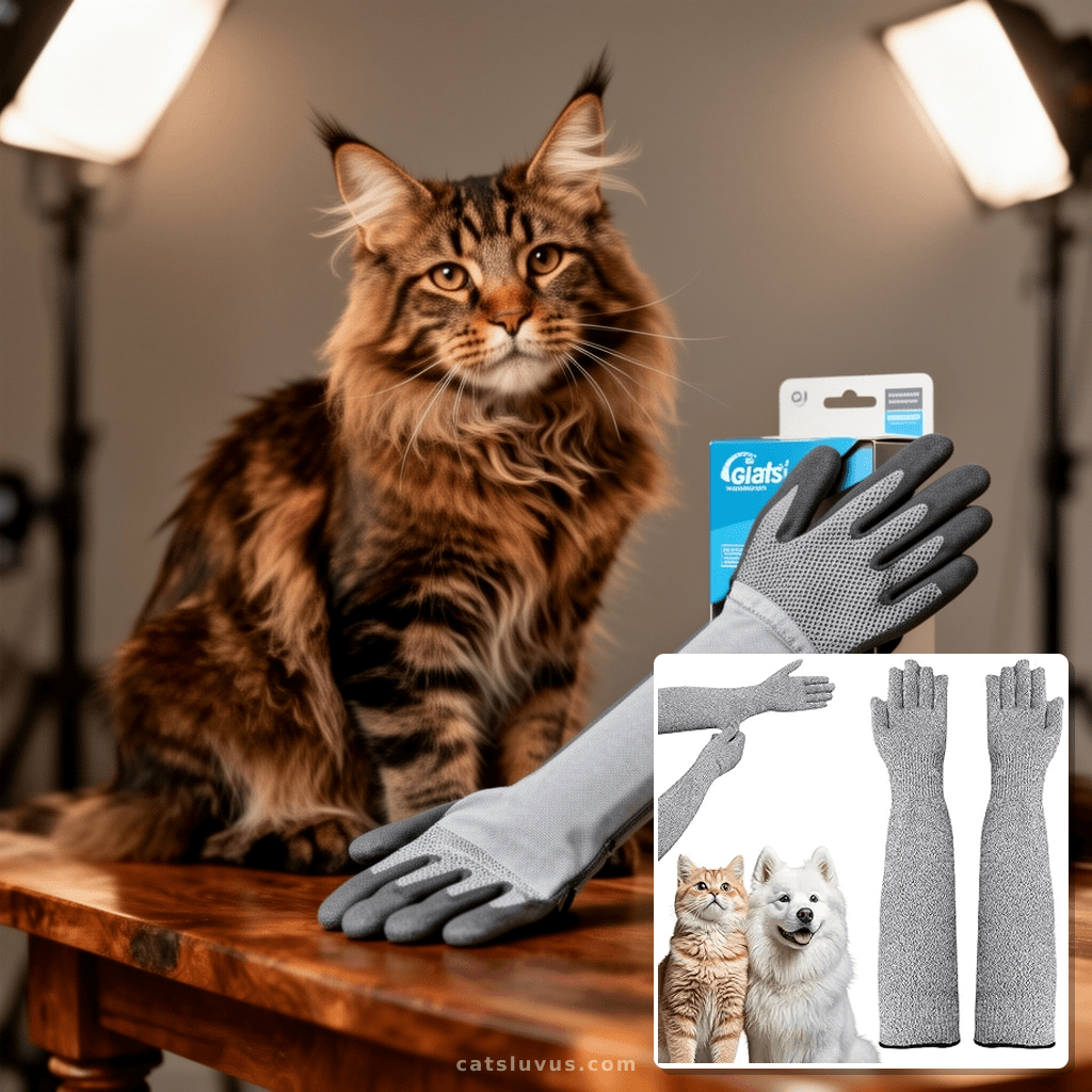 Pet Handling Gloves – 16" Extra-Long Kevlar Cat Grooming Arm with cat - professional product lifestyle photo