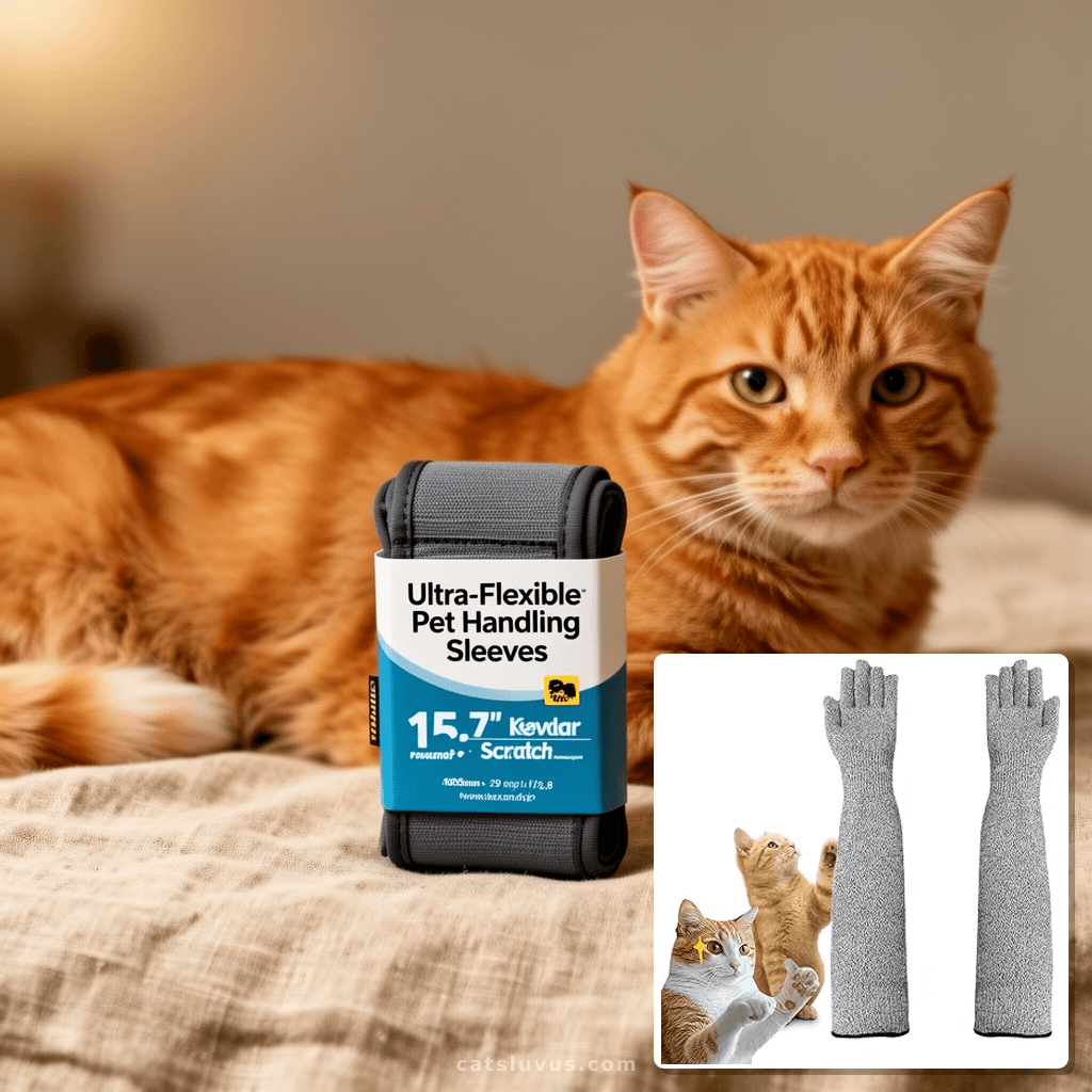 Ultra-Flexible Pet Handling Sleeves: 15.7” Kevlar Scratch- with cat - professional product lifestyle photo