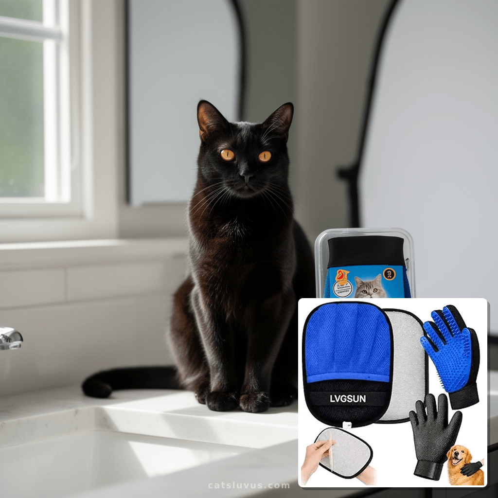 3-in-1-Pet Hair Remover Gloves for Cats & Dogs with cat - professional product lifestyle photo